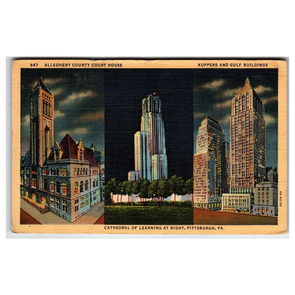 1950 Pittsburgh PA Night View Postcard Allegheny Courthouse Cathedral Learning